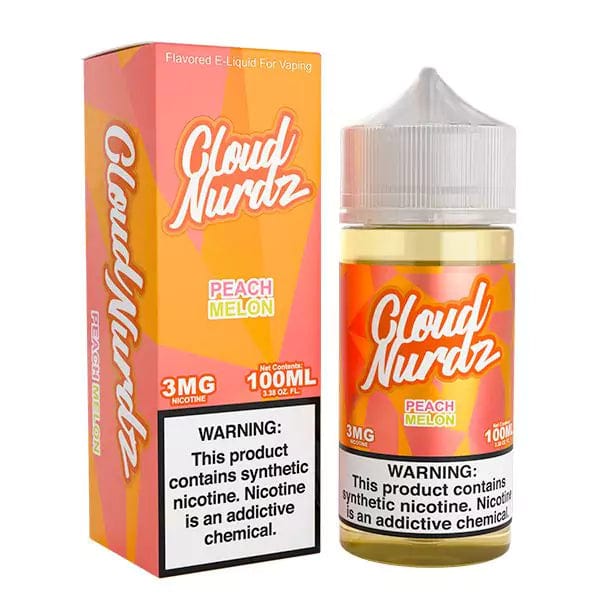 Peach Melon Cloud Nurdz e-liquid bottle, 100mL, featuring a label with peach and melon flavor imagery.