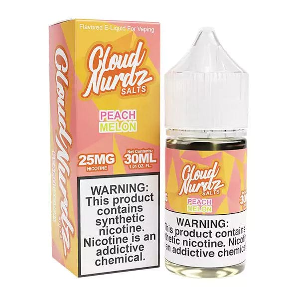 Peach Melon SALT e-liquid by Cloud Nurdz in a 30mL bottle, featuring peach and melon flavor profile with salty vape.
