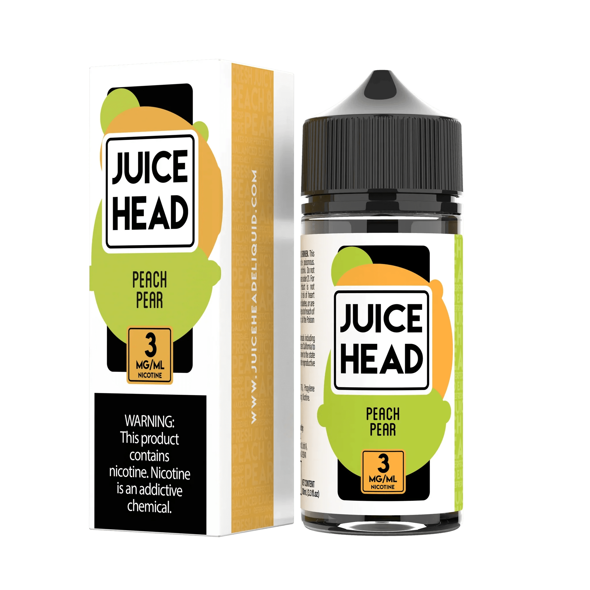 Peach and pear flavored e-liquid by Juice Head in a 100mL bottle, featuring fresh peach and pear fruits on the label.