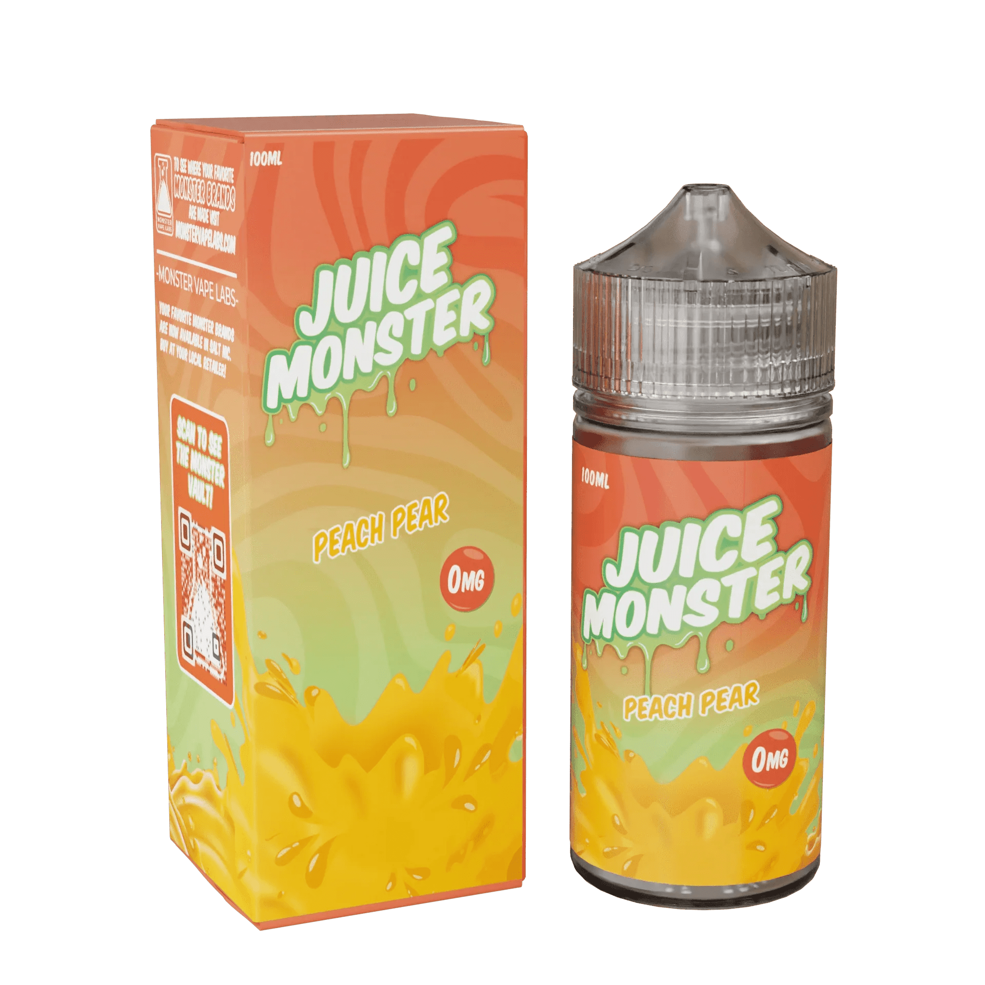 Juice Monster Peach Pear e-liquid bottle, 100mL, with colorful label featuring peaches and pears for vaping.