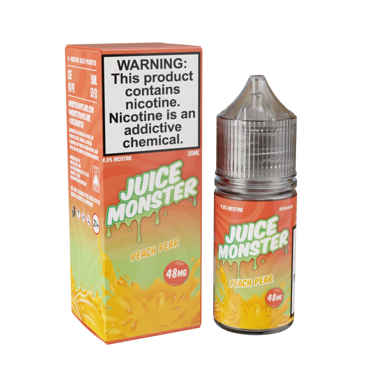 Peach and pear flavored Salt E-liquid by Juice Monster in a 30mL bottle for vaping.