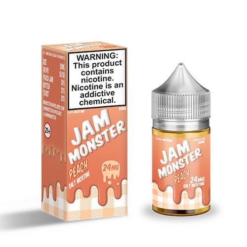 Peach SALT e-liquid by Jam Monster E-Liquid in a 30mL bottle, featuring a peach flavor for vaping.