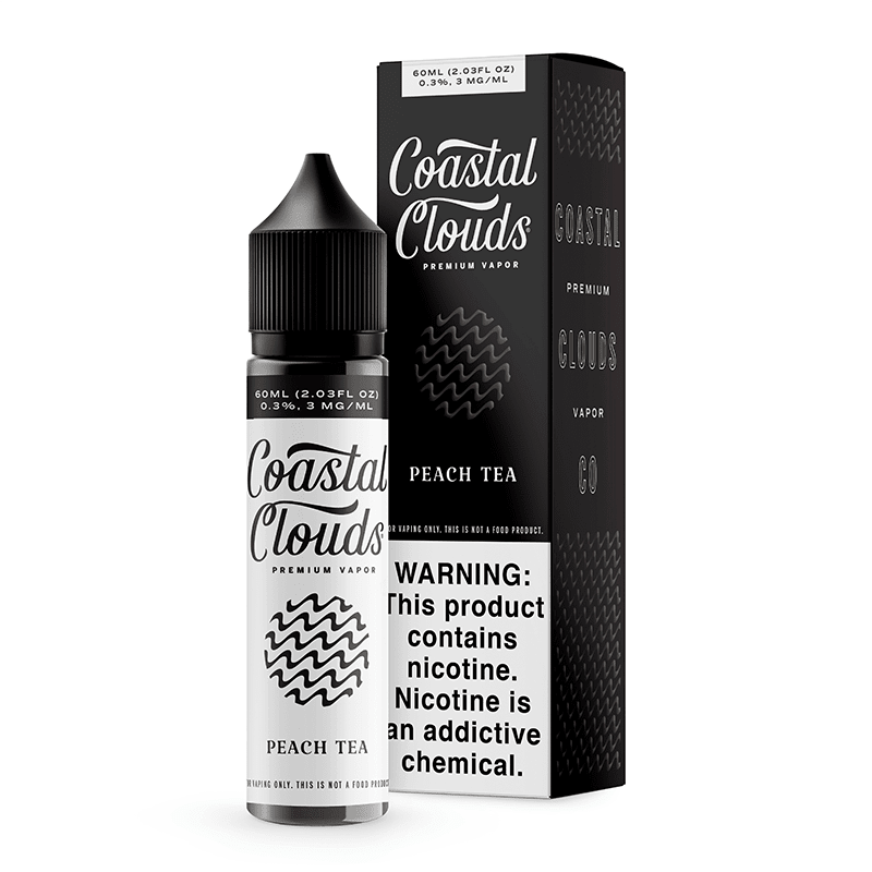 Peach Tea Coastal Clouds e-liquid bottle, 60mL, with peach and tea flavor label and colorful branding.