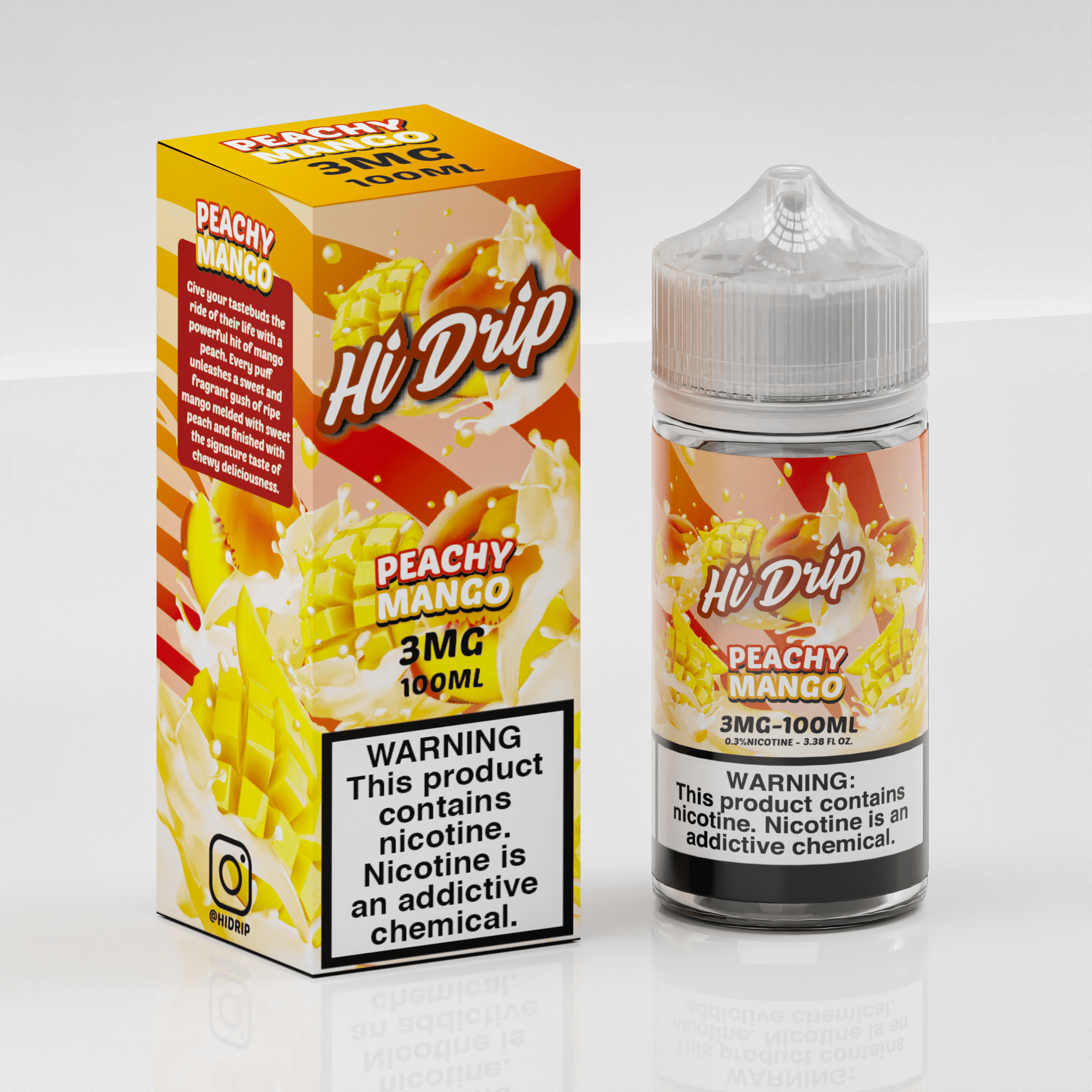 Peachy Mango Hi Drip 100mL e-liquid bottle with vibrant peach and mango flavor artwork on the label.