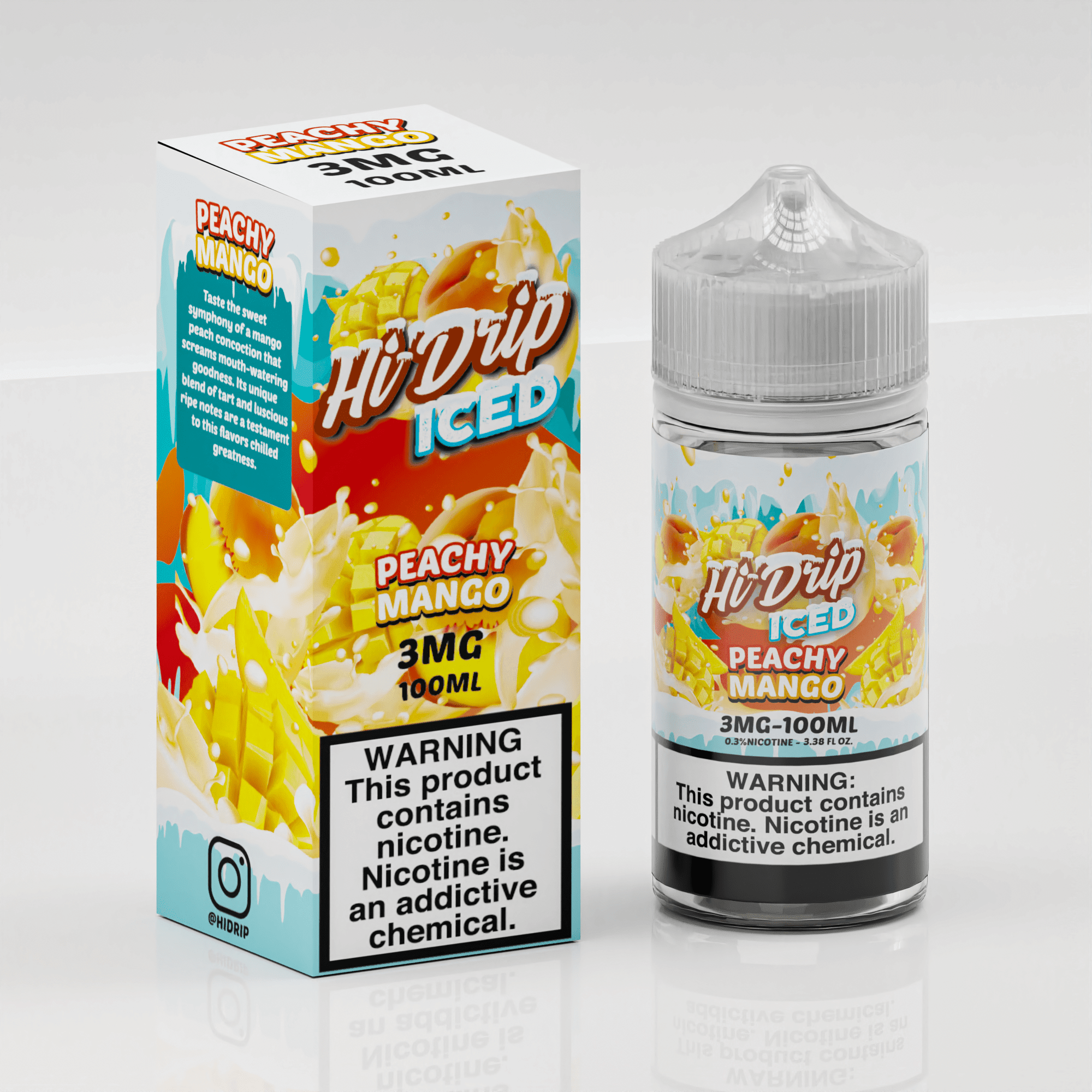 Peachy Mango ICED Hi Drip e-liquid bottle 100mL with vibrant peach, mango, and icy menthol flavor details.