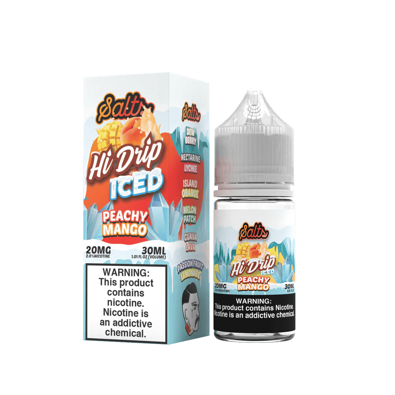 Peachy Mango Iced Salt E-liquid by Hi Drip in 30mL bottle, featuring a fruity peach and mango flavor with a cooling iced finish.
