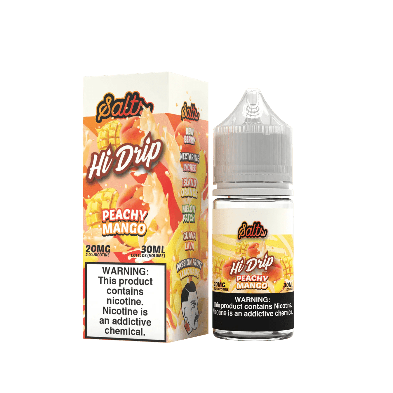 Peachy Mango SALT e-liquid by Hi Drip in a 30mL bottle, featuring a peach and mango flavor blend for vaping.
