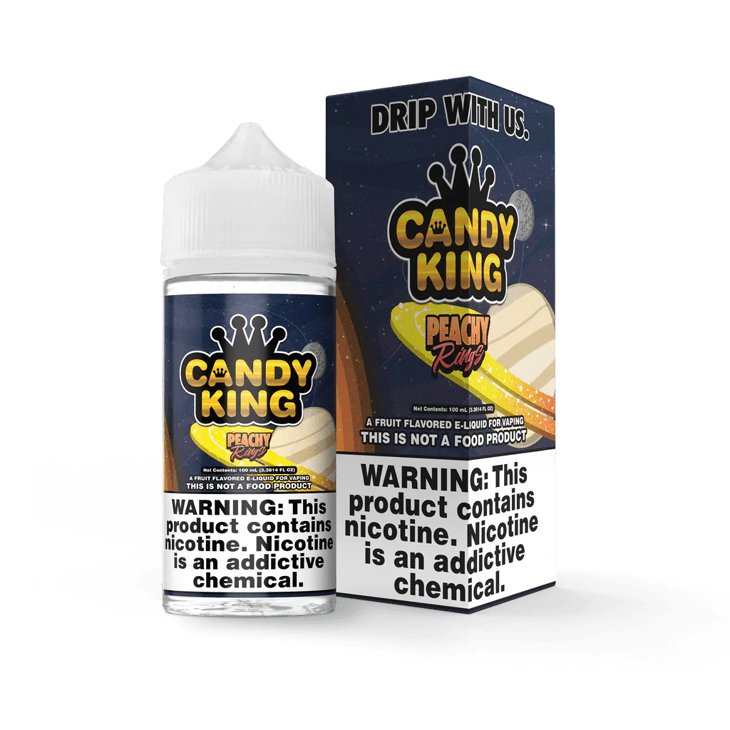 Peachy Rings Candy King 100mL e-liquid bottle with peach and candy flavor branding and colorful packaging.