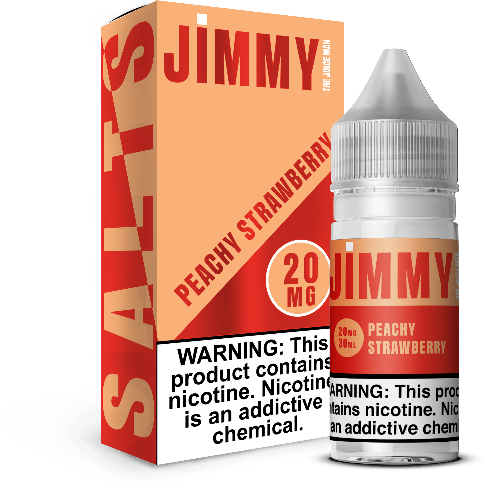 Peachy Strawberry SALT e-liquid by Jimmy The Juice Man in a 30mL bottle, featuring a peach and strawberry flavor blend.