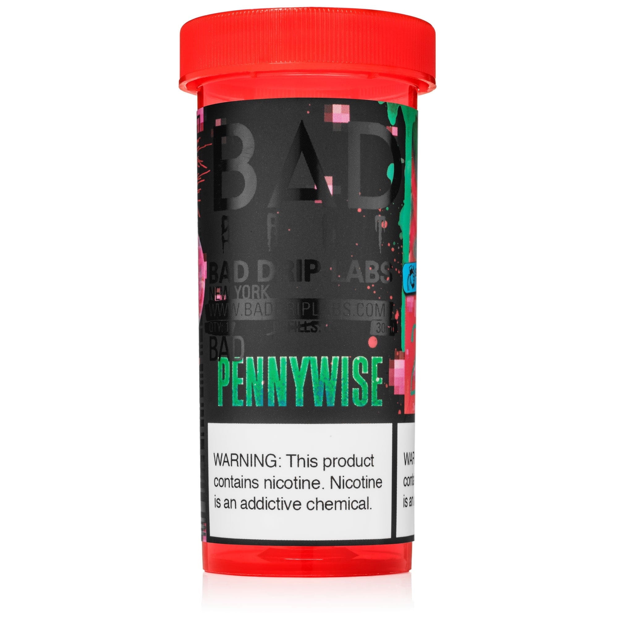 Pennywise SALT e-liquid by Bad Drip Labs in 30mL bottle, featuring colorful packaging and branding for vaping.