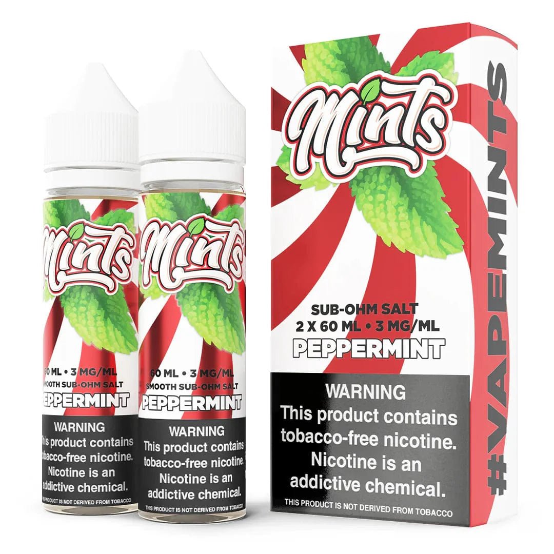 Peppermint E-liquid by Mints Vape Co. in a 120mL bottle, featuring fresh peppermint flavor and clear branding on the label.