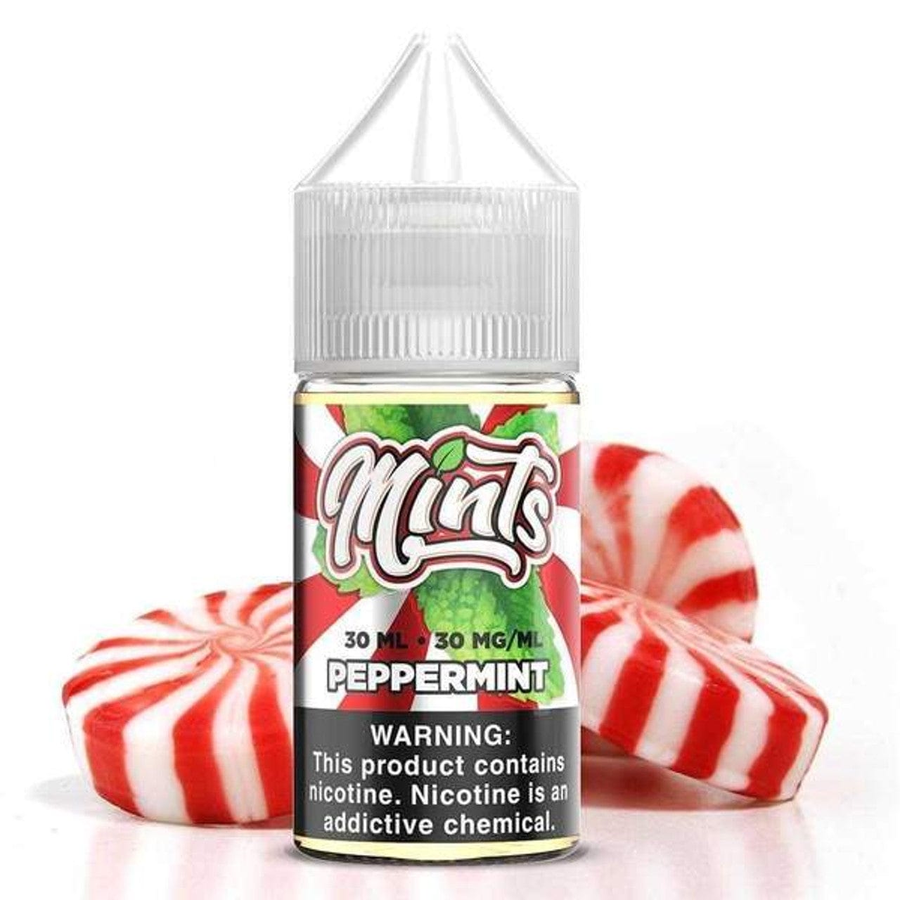 Bottle of Peppermint SALT e-liquid by Mints Vape Co. with mint-flavored salt e-juice in a 30mL bottle.