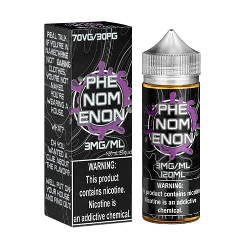 Nomenon E-Liquids Phenomenon 120mL bottle with colorful label, e-liquid for vaping, featuring vibrant design and branding.
