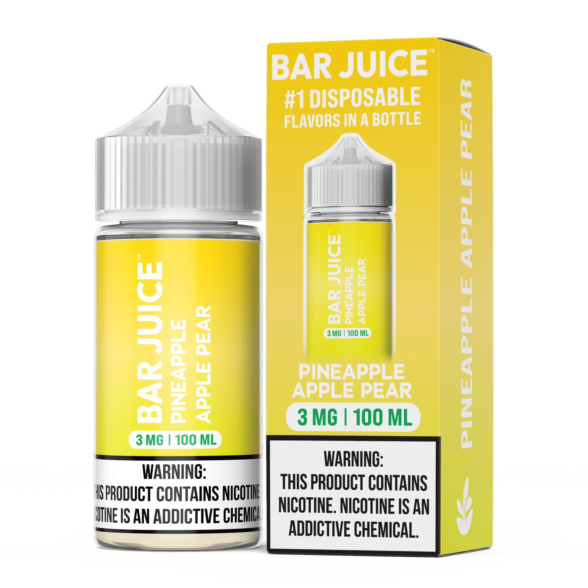 Pineapple, apple, and pear flavored Bar Juice e-liquid in a 100mL bottle with vibrant fruit illustrations.