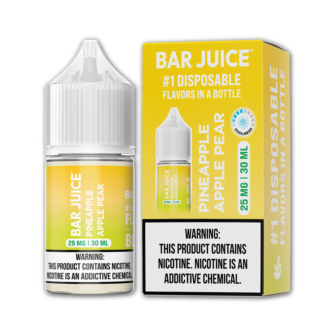 Pineapple, apple, and pear flavored salt nicotine e-liquid by Bar Juice in a 30mL bottle with colorful label design.