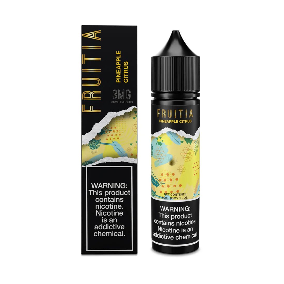 Pineapple Citrus E-liquid by Fruitia, 60mL bottle, featuring a tropical pineapple and citrus flavor with vibrant fruit illustrations.