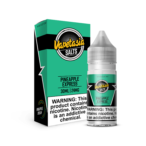 Vapetasia Pineapple Express SALT e-liquid in 30mL bottle, featuring tropical pineapple flavor and salt nicotine for vaping.