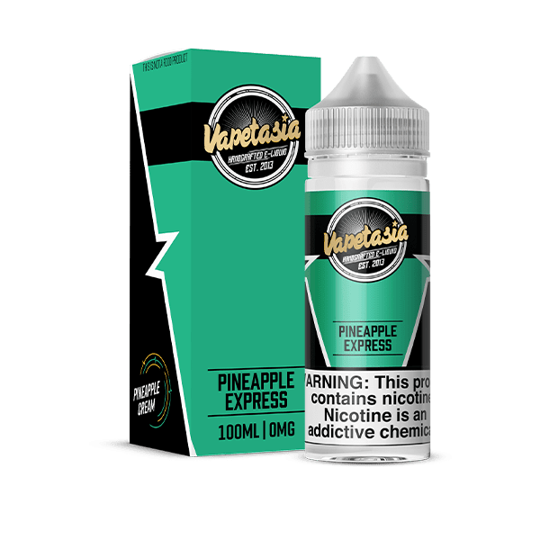 Vapetasia Pineapple Express e-liquid 100mL bottle with tropical pineapple flavor and colorful packaging.