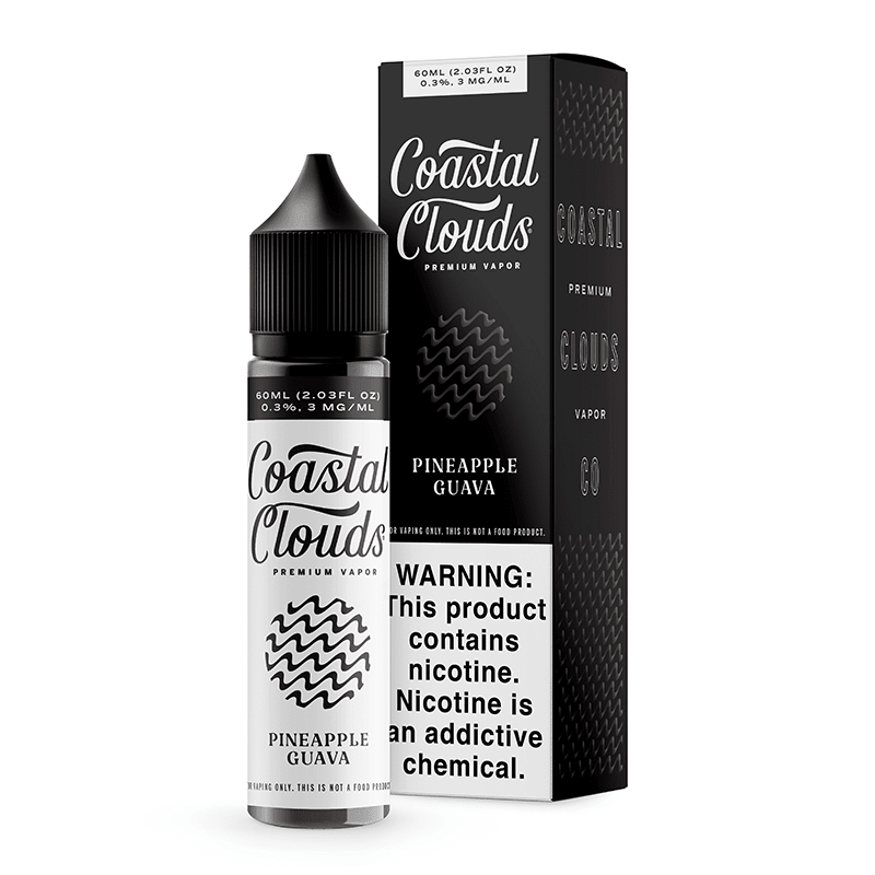 Pineapple Guava Coastal Clouds e-liquid bottle, 60mL, with colorful label featuring tropical fruit illustrations.