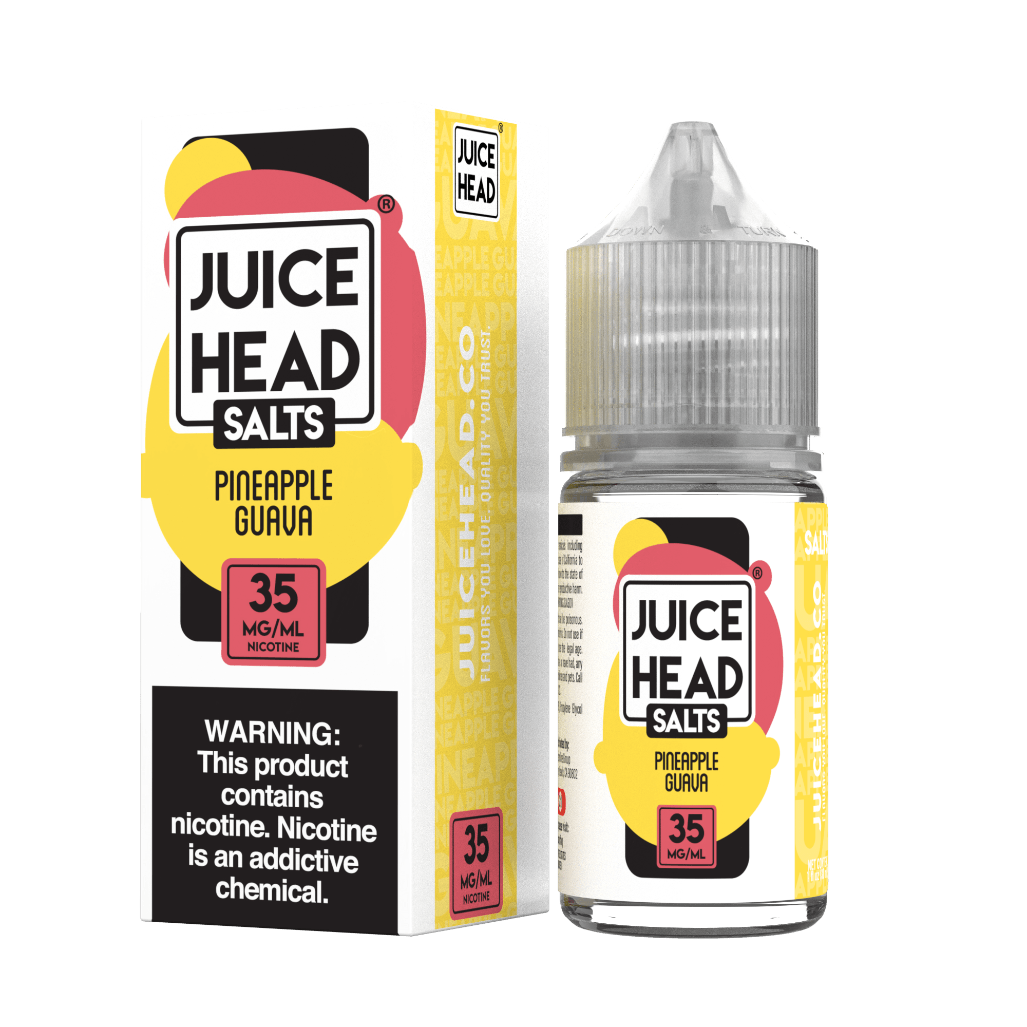 Juice Head Pineapple Guava Salt E-liquid bottle with colorful label, 30mL, tropical fruit flavor for vaping.