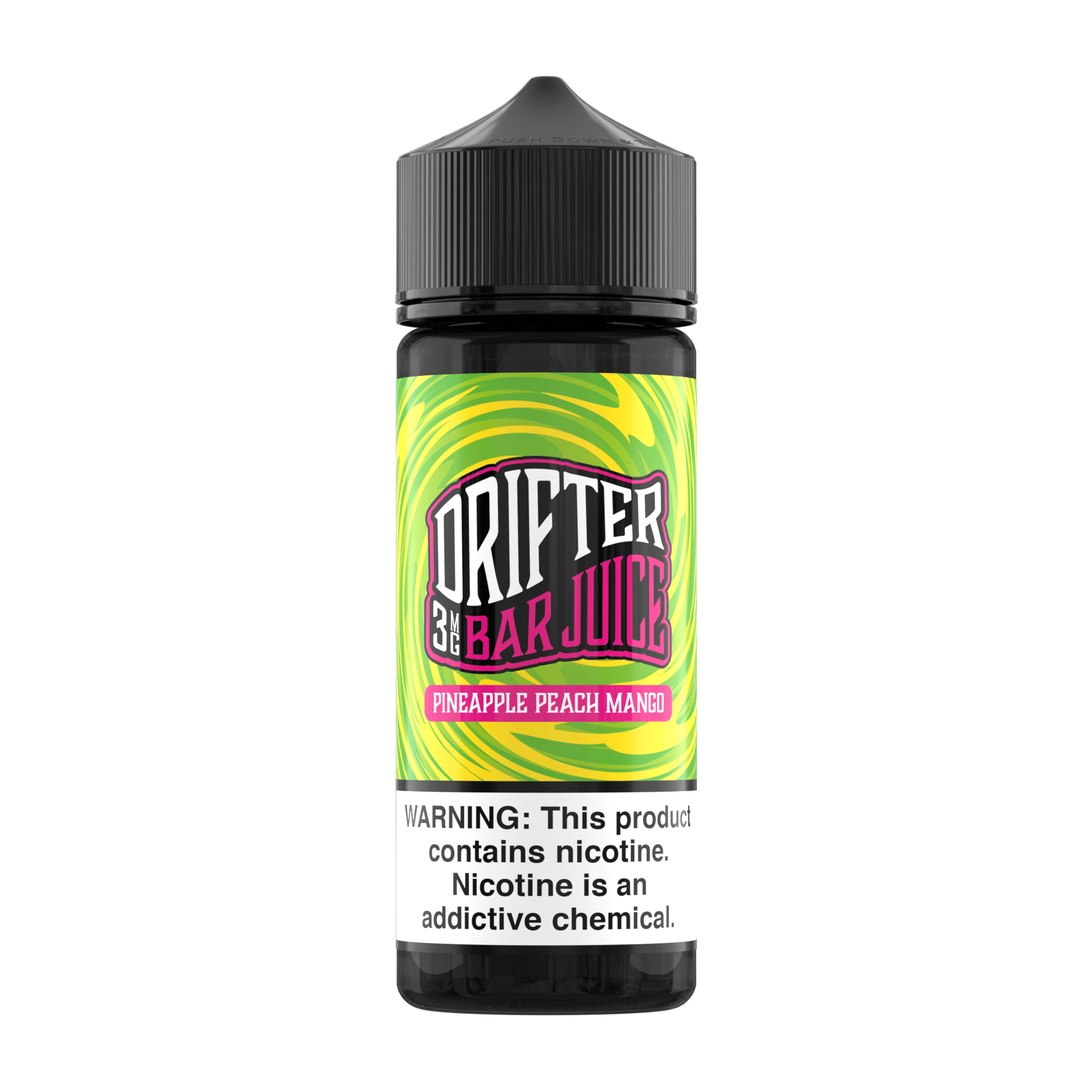 Pineapple Peach Mango Drifter E-Liquid 120mL bottle with colorful label, showcasing tropical fruit flavor for vaping.