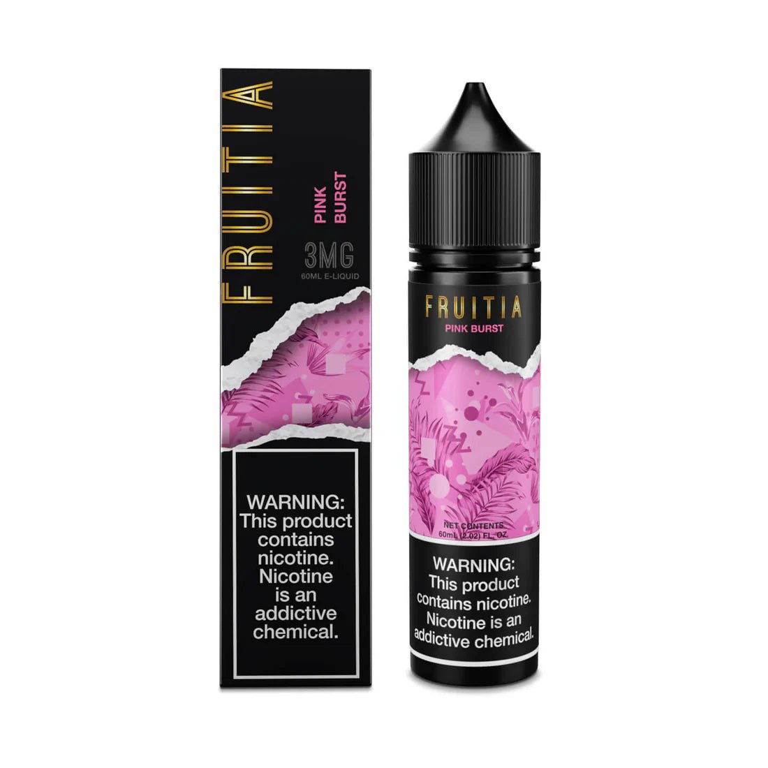 Pink Burst Fruitia e-liquid in 60mL bottle showing vibrant pink packaging and flavor branding.