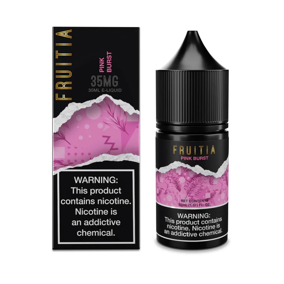 Pink Burst SALT fruit e-liquid by Fruitia in a 30mL bottle, featuring vibrant pink packaging and colorful fruit illustrations.