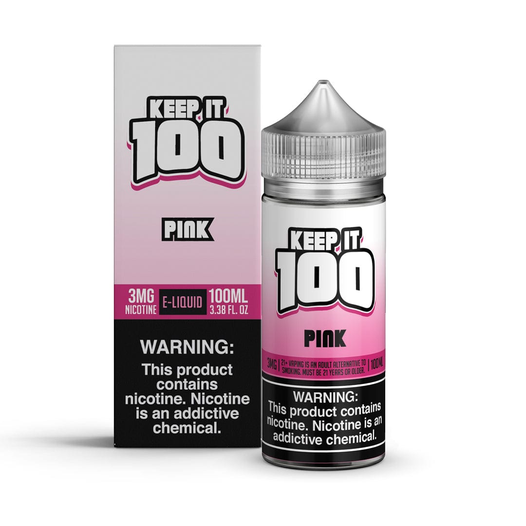 Pink Keep It 100 E-liquid 100mL bottle with pink packaging and label, designed for vaping.