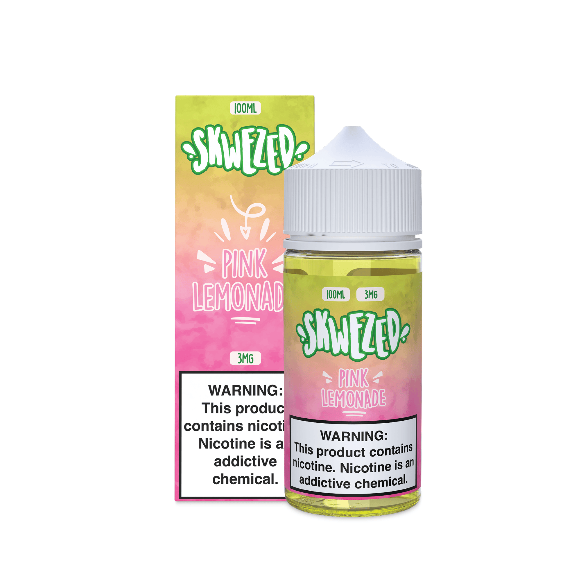Skwezed Pink Lemonade vape juice bottle, 100mL freebase flavor with pink lemonade design and bright pink label.