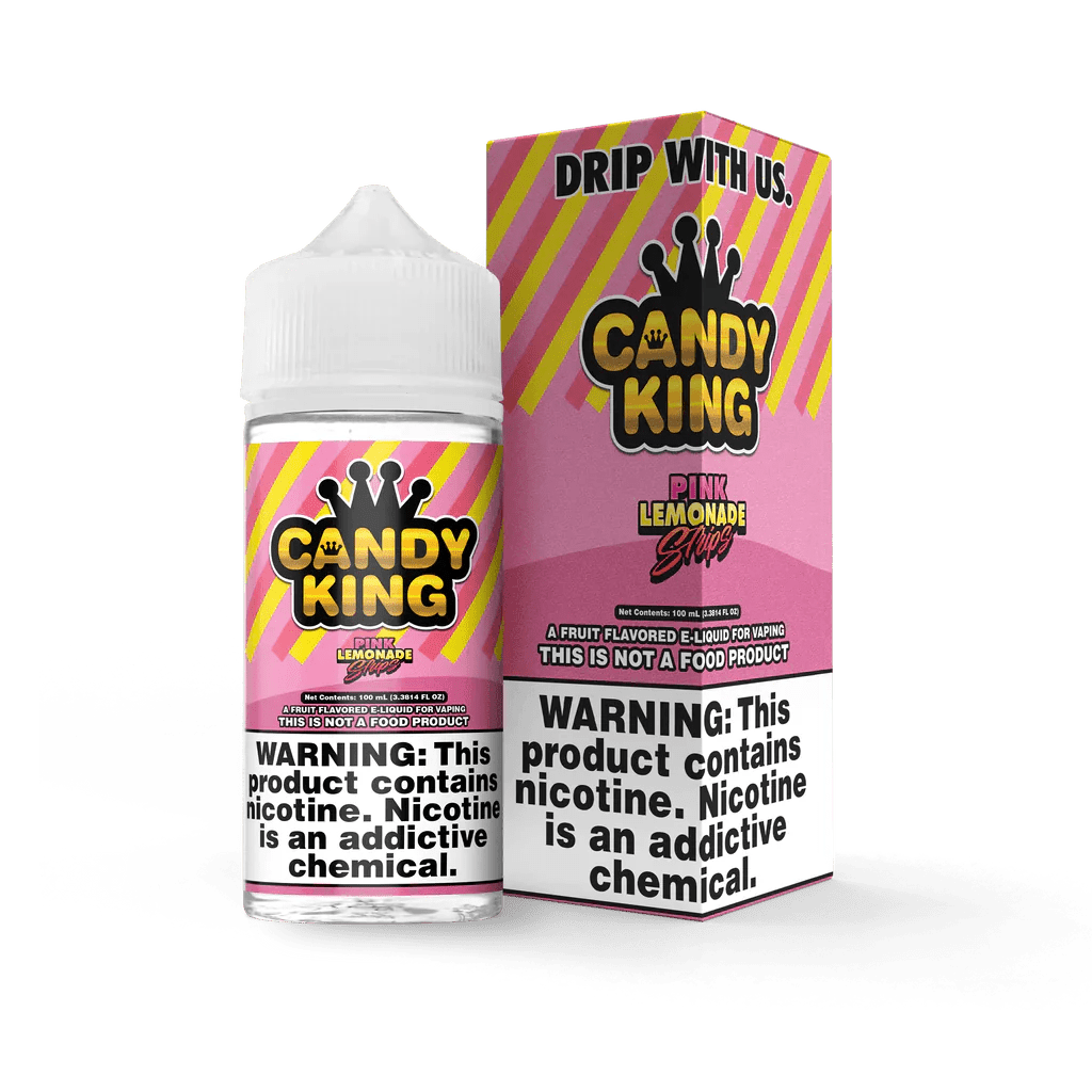 Pink Lemonade Strips E-liquid by Candy King in a 100mL bottle, featuring vibrant pink lemonade flavor with strips design.