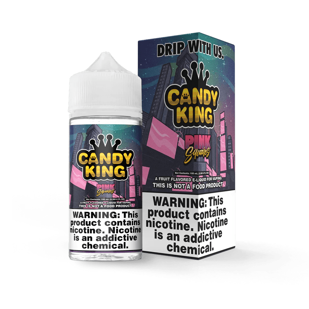 Pink Squares Candy King 100mL e-liquid bottle with vibrant pink and white packaging, showcasing the colorful candy-themed design.