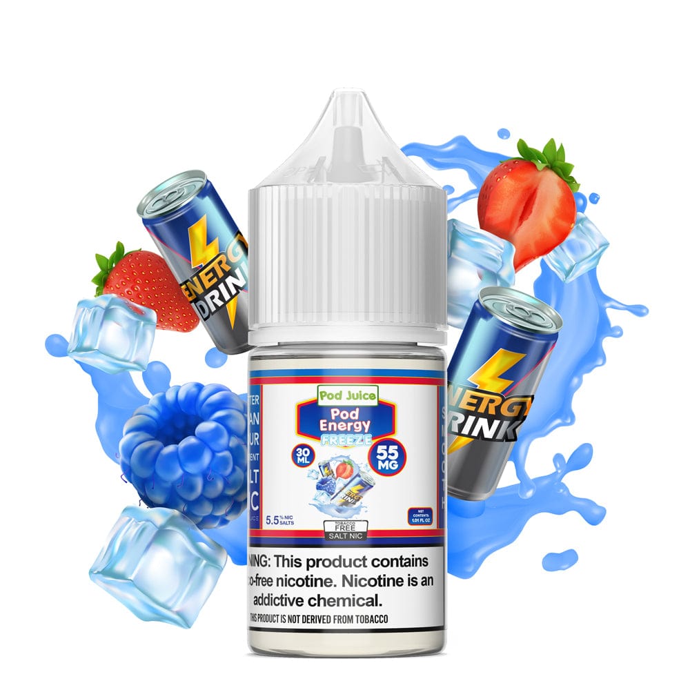 Bottle of Pod Juice Energy FREEZE SALT e-liquid 30mL with cooling mint flavor and nicotine salt for vaping.