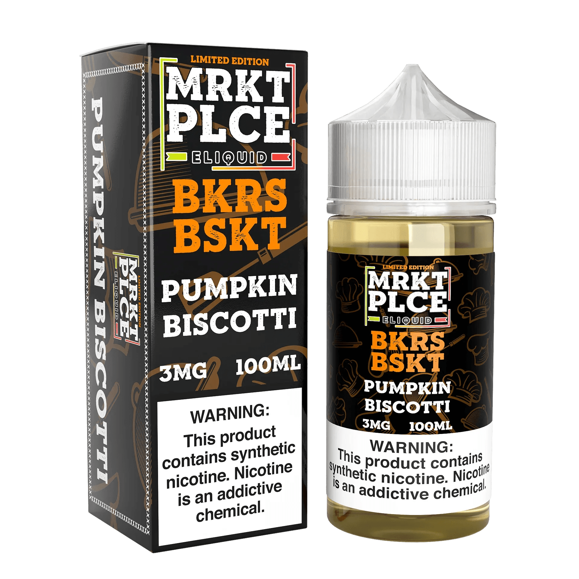 Pumpkin Biscotti MRKT PLCE e-liquid bottle with label, 100mL size, featuring a fall-inspired pumpkin and biscotti flavor design.