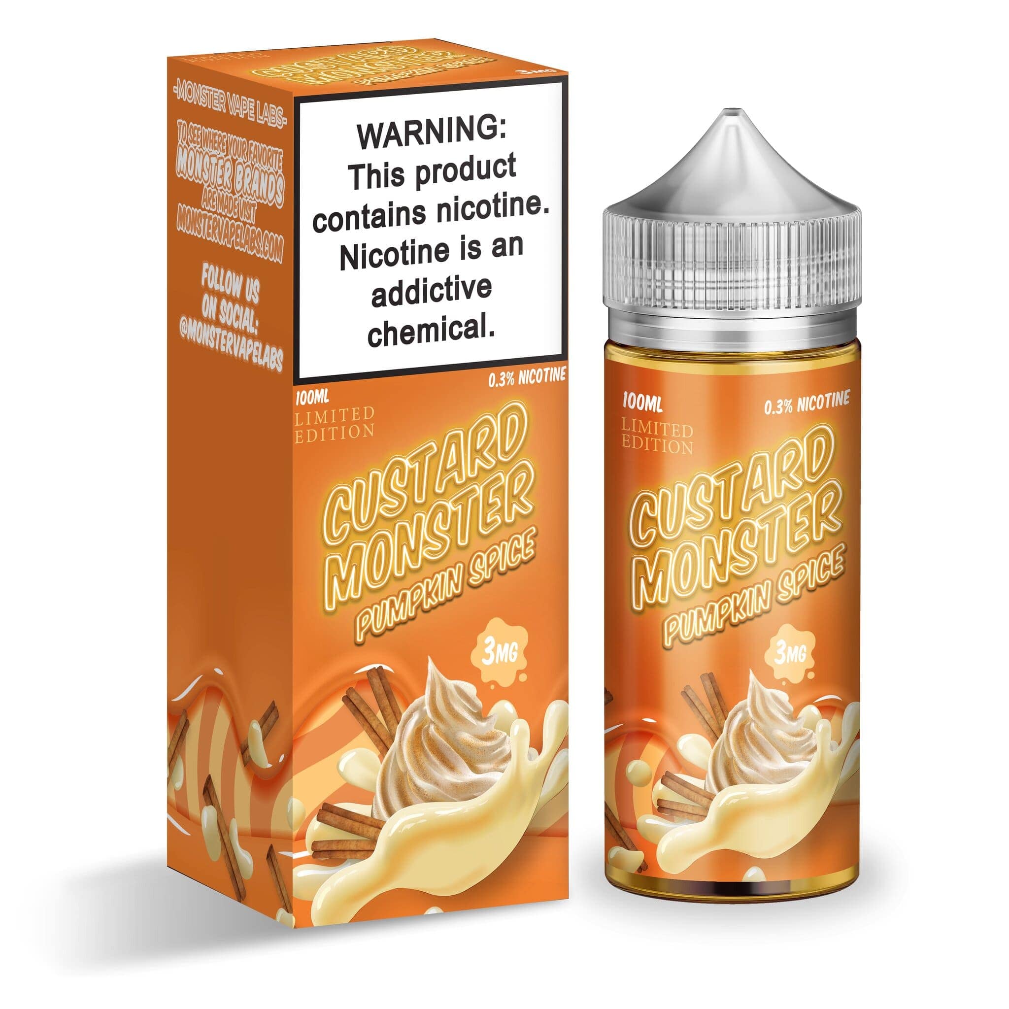 Bottle of Custard Monster Pumpkin Spice E-liquid 100mL with pumpkin spice flavor and custard aroma in clear packaging.