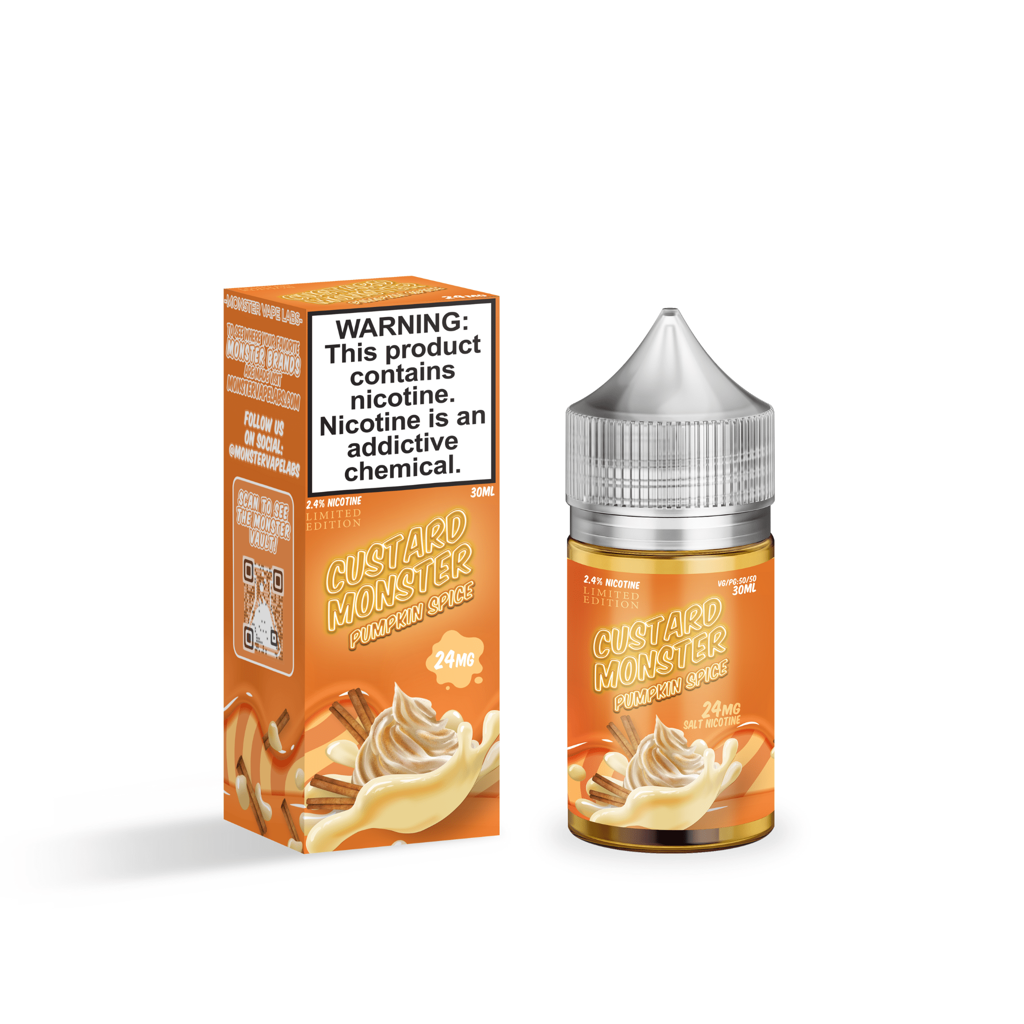 Pumpkin Spice SALT e-liquid by Custard Monster in 30mL bottle, featuring a warm pumpkin spice flavor for vaping.