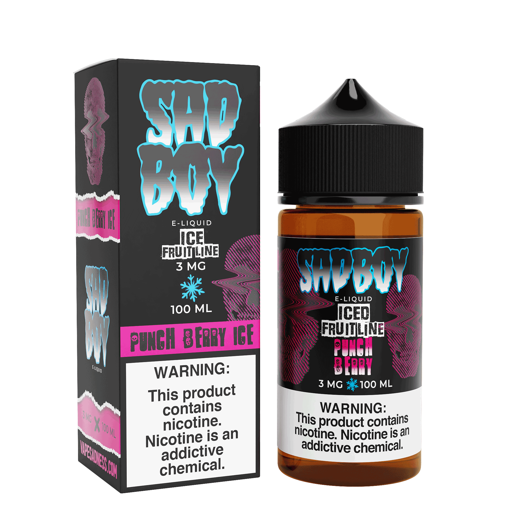 Bottle of Sadboy Punch Berry ICE e-liquid 100mL with vibrant label design and berry flavor imagery.