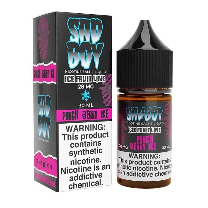 Sadboy Punch Berry ICE SALT e-liquid bottle with vibrant label, 30mL size, featuring punch berry flavor and icy cooling effect.