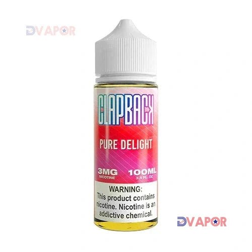 Saveur Vape Pure Delight Clapback 100ml e-liquid bottle with colorful label and branding, designed for vaping enthusiasts.