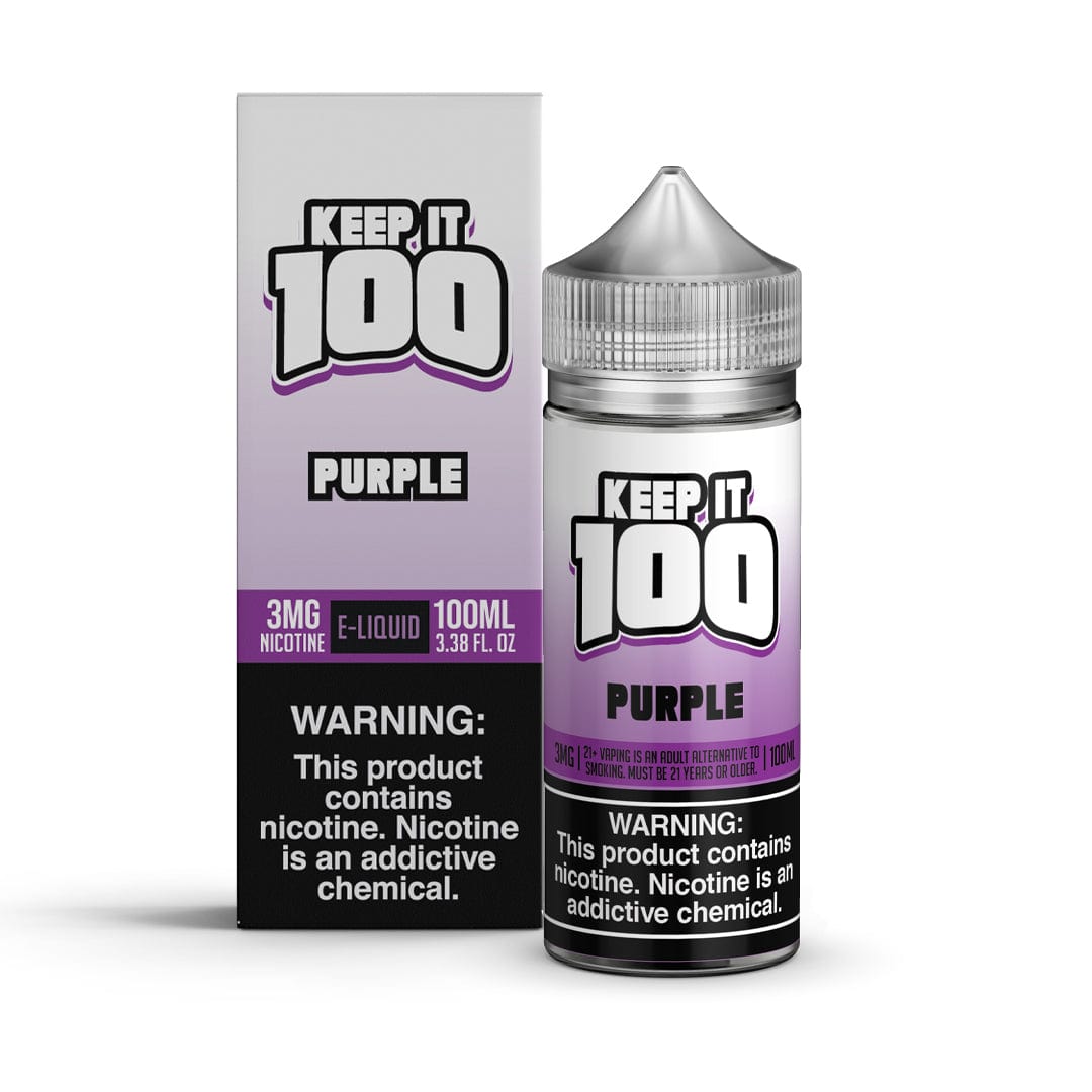 Purple Keep It 100 100mL e-liquid bottle with purple packaging and label, designed for vaping enthusiasts.