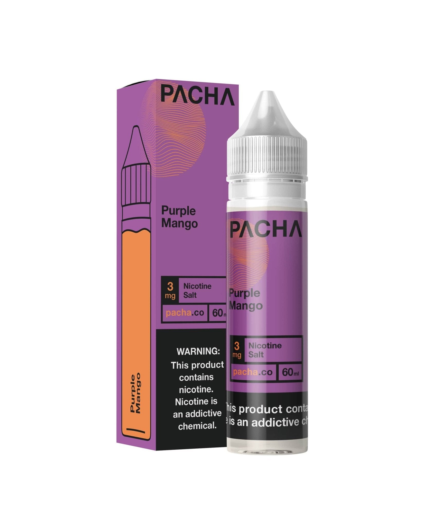 Purple Mango Pachamama e-liquid bottle with vibrant purple mango flavor label, 60mL size and colorful packaging.
