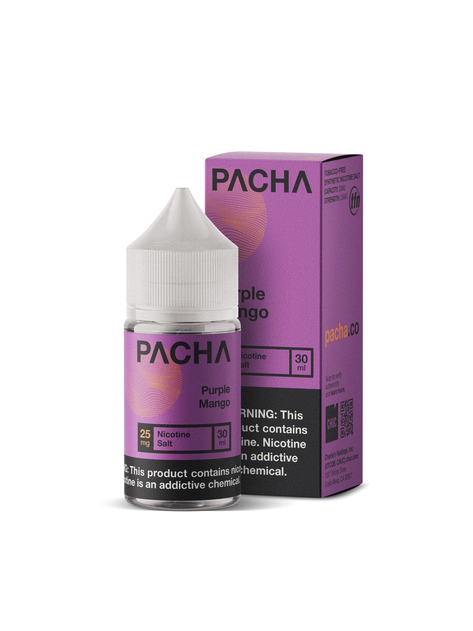 Purple Mango SALT e-liquid by Pachamama, 30mL bottle featuring vibrant purple mango flavor with salt nicotine.