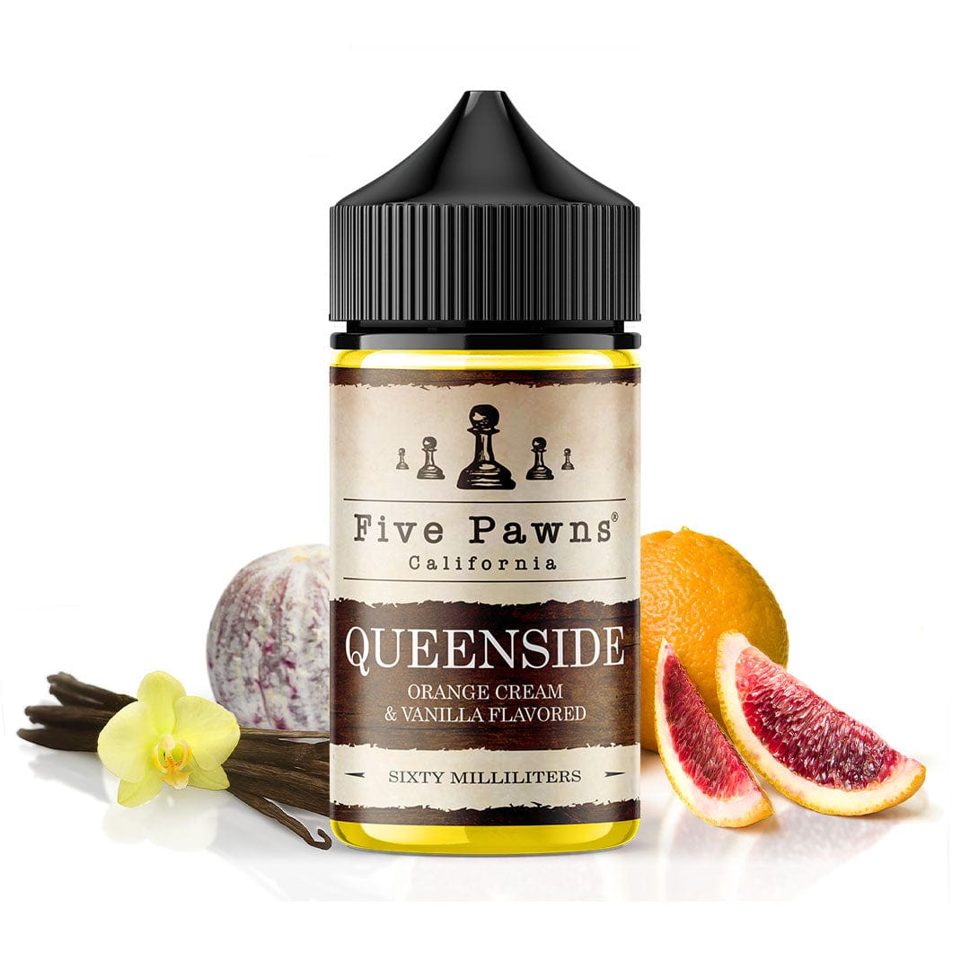 Queenside Five Pawns e-liquid bottle, 60mL size with a sleek label design, showcasing the premium vape juice.