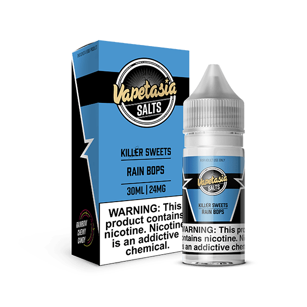 Vapetasia Rain Bops Salt e-liquid bottle, 30mL, with colorful label and dropper cap, designed for vaping.