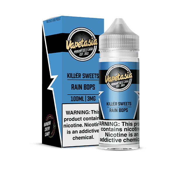 Vapetasia Rain Bops e-liquid bottle, 100mL size, with colorful label showcasing rain-inspired design and brand logo.
