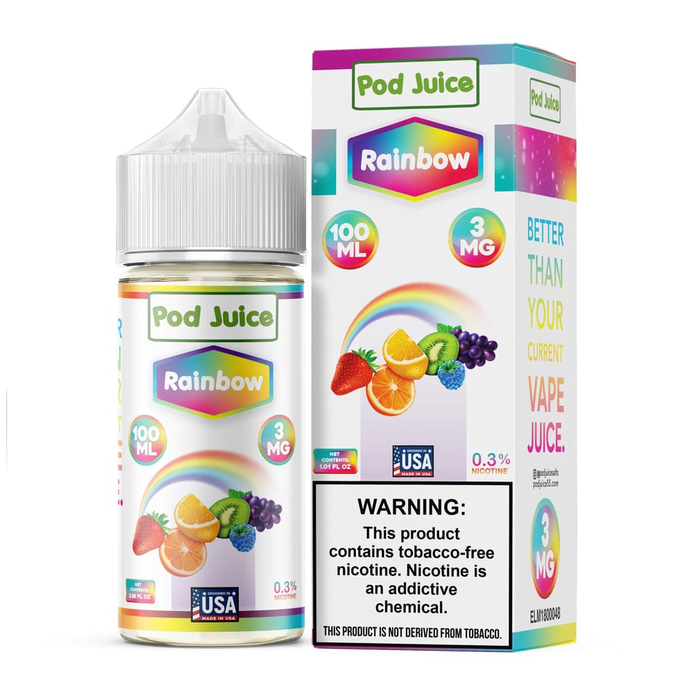 Rainbow Pod Juice 100mL e-liquid bottle with colorful rainbow label and transparent cap, designed for vaping.