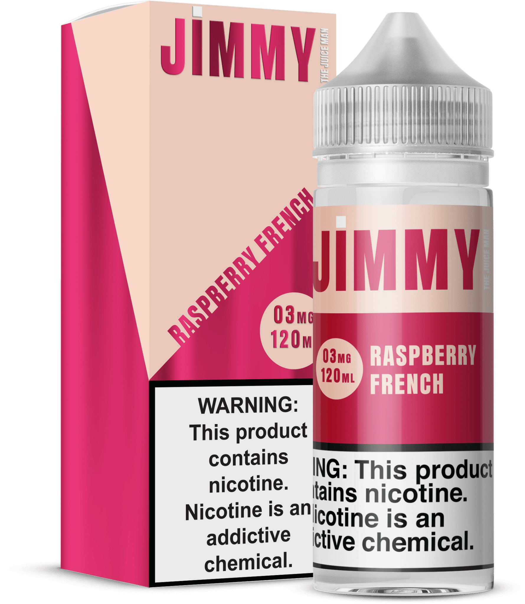 Raspberry French e-liquid by Jimmy The Juice Man in a 120mL bottle, featuring fresh raspberry flavor with French pastry notes.