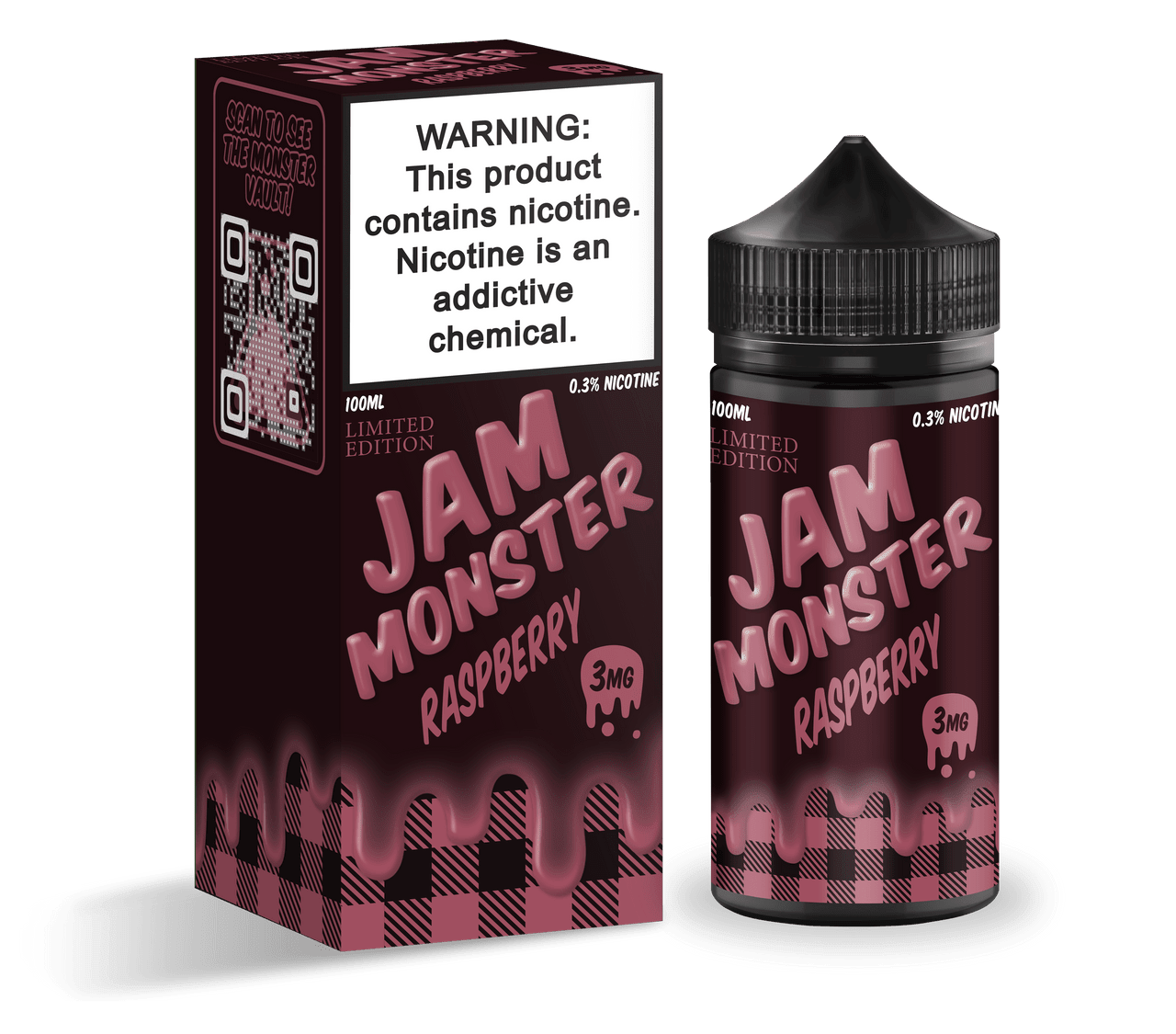 Raspberry Jam Monster E-Liquid bottle, 100mL size, with bright raspberry flavor label and colorful packaging.