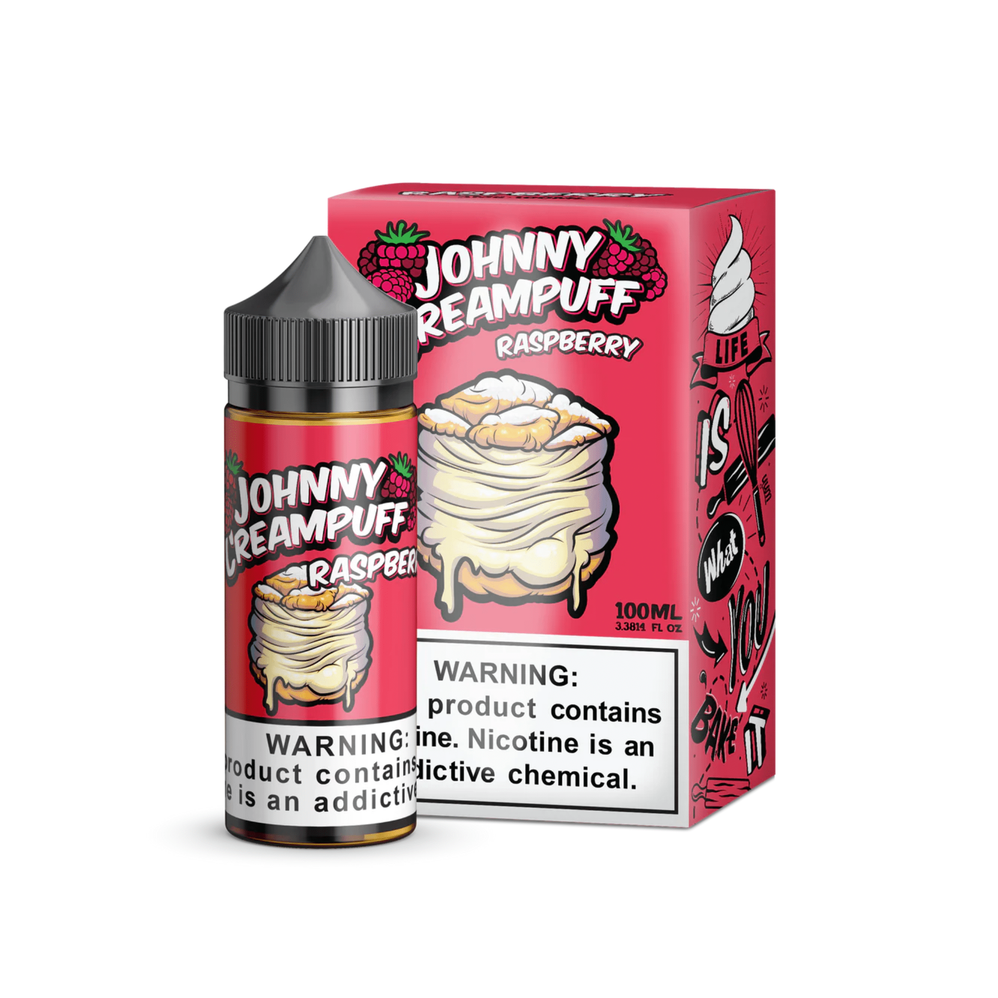 Bottle of Johnny Creampuff Raspberry e-liquid in 100mL bottle, featuring a raspberry flavor label on the packaging.
