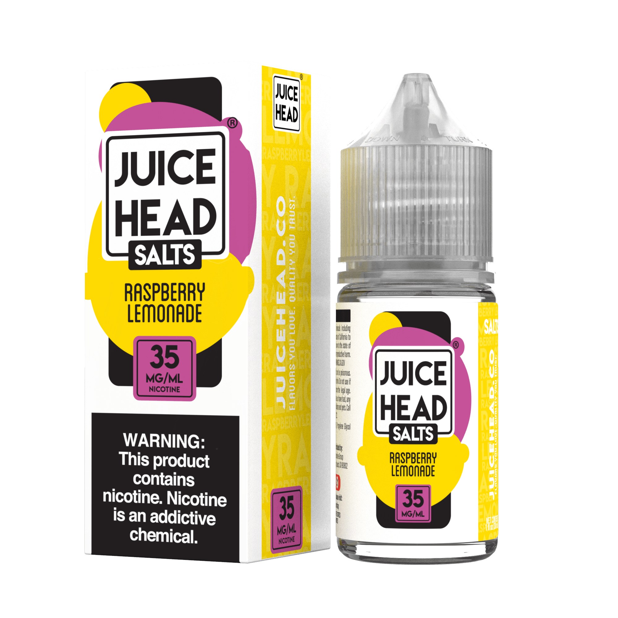 Bottle of Juice Head Raspberry Lemonade E-liquid Salt Nicotine in 30mL bottle, featuring raspberry and lemon flavor profile.