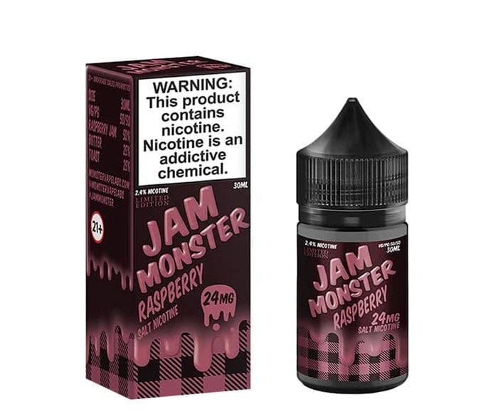 Raspberry SALT e-liquid by Jam Monster E-Liquid in a 30mL bottle, featuring vibrant raspberry flavor for vaping.